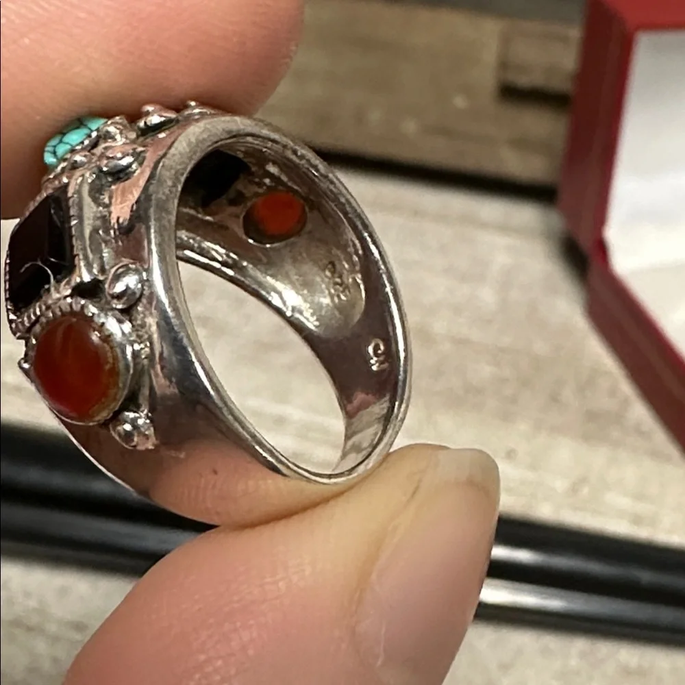 MARSALA signed 925 great shape turquoise onyx coral sterling silver ring size 7 - Picture 6 of 6